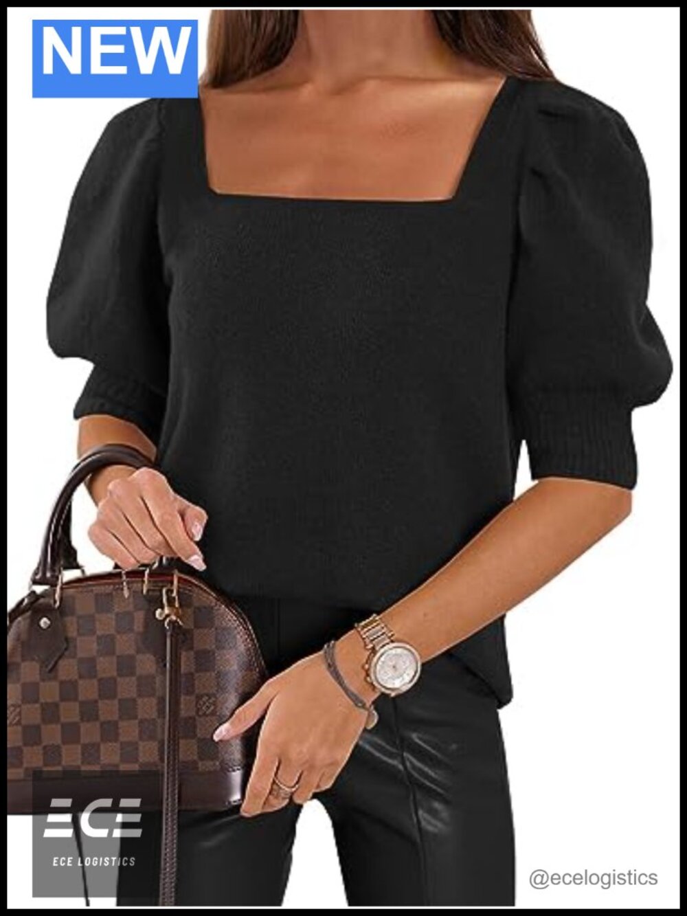 Puff Short Sleeve Knit Sweater Top Square Neck Casual Pullover